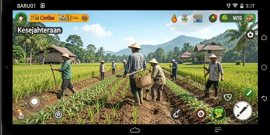 Screenshot gameplay BARU01 yang menampilkan aktivitas bertani yang seru.