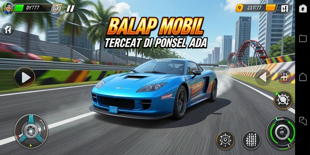 Tampilan balapan intens di DY777 dengan mobil-mobil cepat.