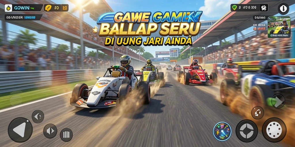 Screenshot GOWIN menampilkan adegan balapan yang mendebarkan.