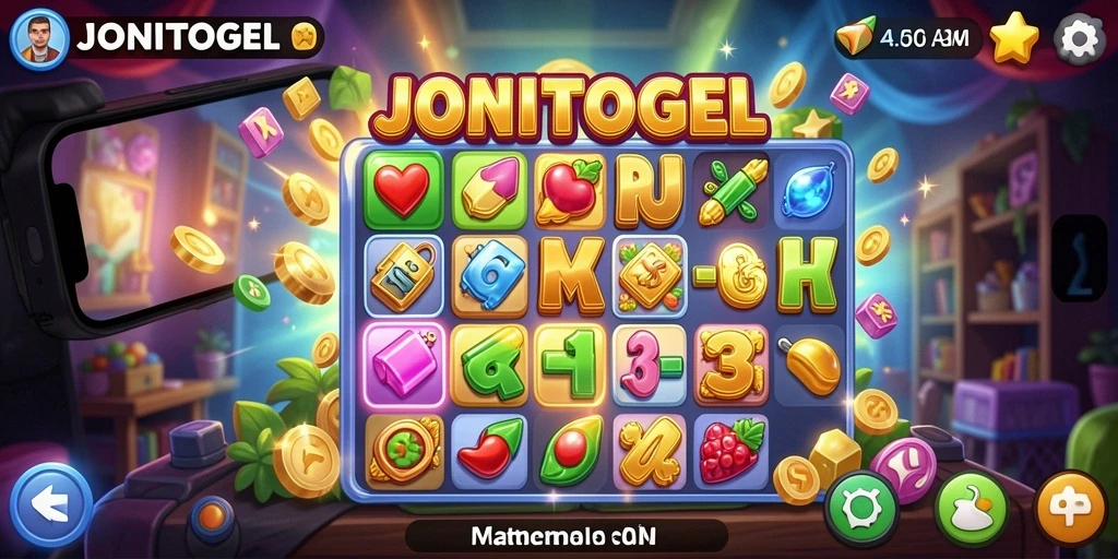 Tangkapan layar gameplay JONITOGEL dengan level Match-3 yang penuh warna.