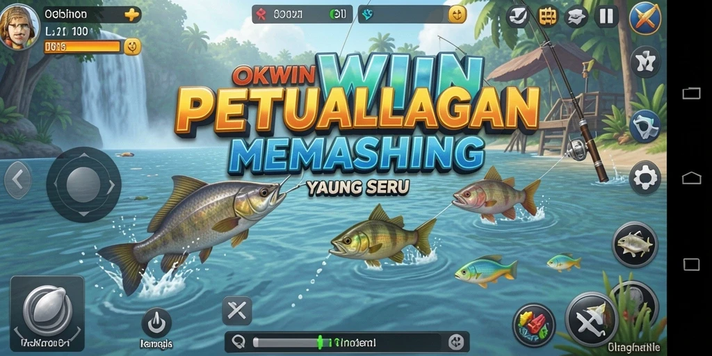 Tampilan gameplay OKWIN yang menampilkan keseruan memancing.
