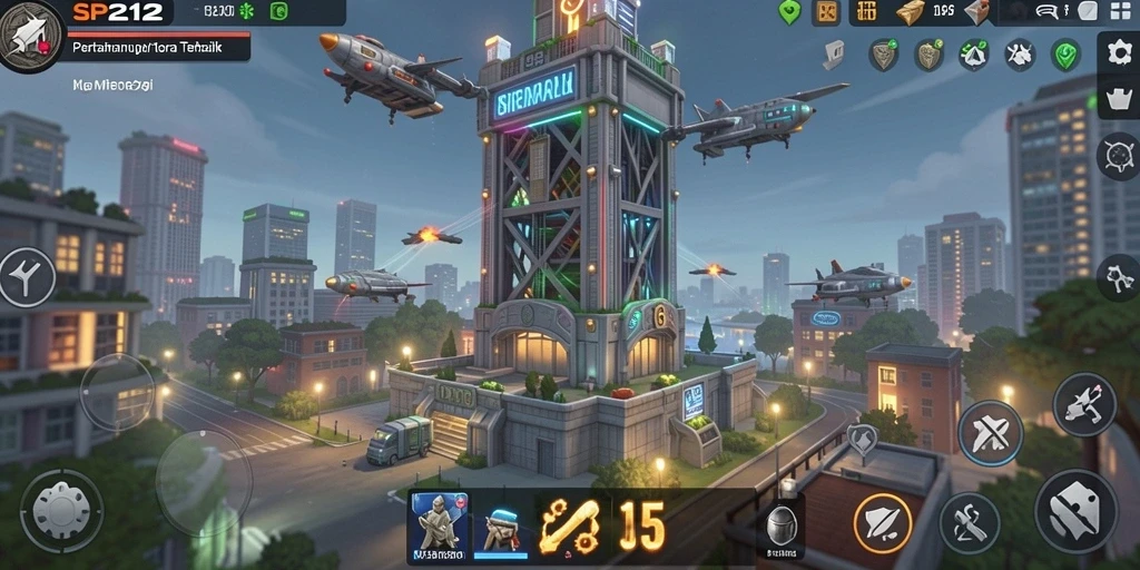 Screenshot gameplay SP212 menunjukkan menara yang siap melawan gelombang musuh.